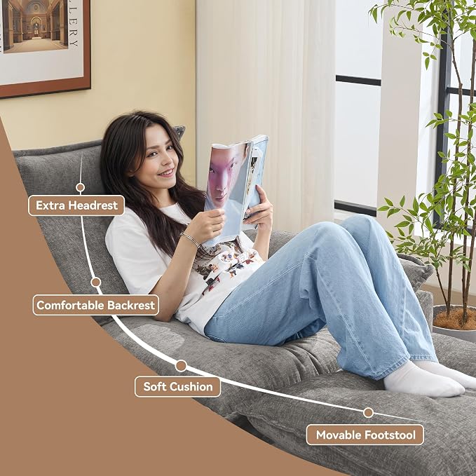 46''Cloud Oversized Sofa Chair with Detachable Headrest, Upholstered Comfy Arm Accent Chair with Ottoman,Modern Chenille Reading Lounge Armchair for Living Room,Bedroom, Light Grey