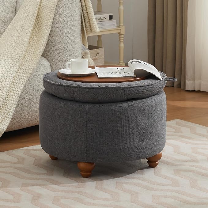 WUTUTUEE 24Inch Round Storage Ottoman with Tray, Modern Tufted Fabric Circle Coffee Table with Storage, Upholstered Ottoman with Removable Top for Living Room, Bedroom, Dark Grey