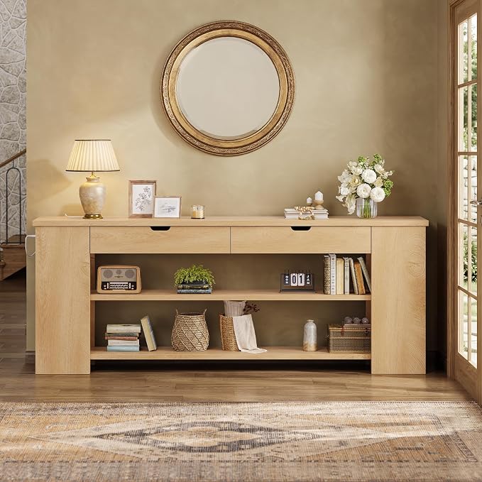 71.8 Inch Extra Long Console Table with Drawers, Farmhouse Long Console Table with Shelves & Built-in Outlets, Entryway Table with Storage for Living Room, Entryway, Hallway, Natural