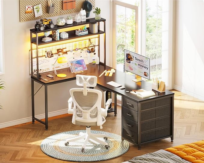 AODK L Shaped Desk Gaming Desk with LED Light & Power Outlet, 59 Inch Reversible L Shaped Computer Table with 4 Drawers for Home Office, Black