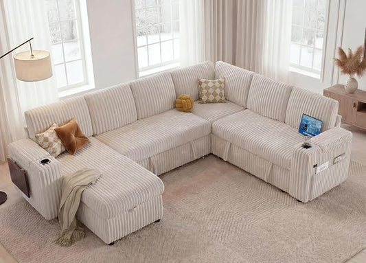 WEUP 111" Modular Sectional Sleeper Sofa with Pull Out Bed, 7 Seat Plush Corduroy L Shaped Couch with Storage Chaise|USB Ports|Cup Holders|Side Table|Storage Armrests, Tool Free Assembly, Beige