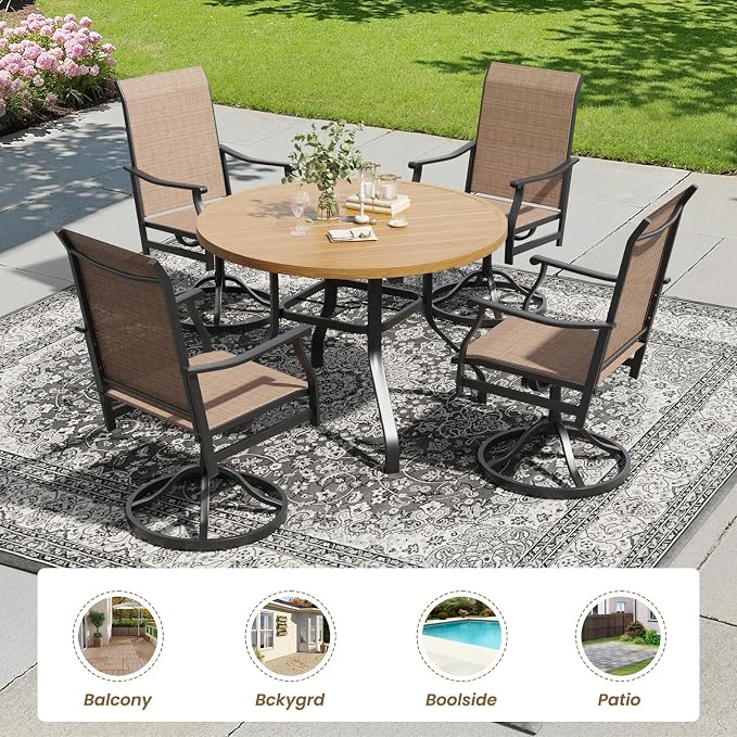 Soohow Patio Dining Set for 4, 5-Piece Round Outdoor Dining Set 4 x Swivel Patio Chairs and 41" Round Outdoor Dining Table with 1.57" Umbrella Hole, Wood-Like, for Poolside, Backyard