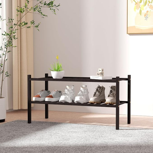 ROMGUAR CRAFT 2 Tier Bamboo Shoe Rack for Closet Free Standing Wood Shoe Shelf for Entryway Small Space Stackable 27"x11"x13" (Brown)