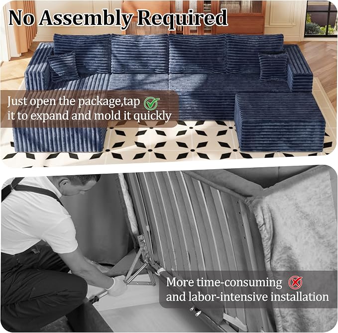 92.5'' U-Shaped Boneless Couches, Sectional Sofa with Deep Seat with Ottoman, Corduroy Modular Sectional Sofa, Convertible Cloud Couch with Oversized Deep Seats No Assembly Needed