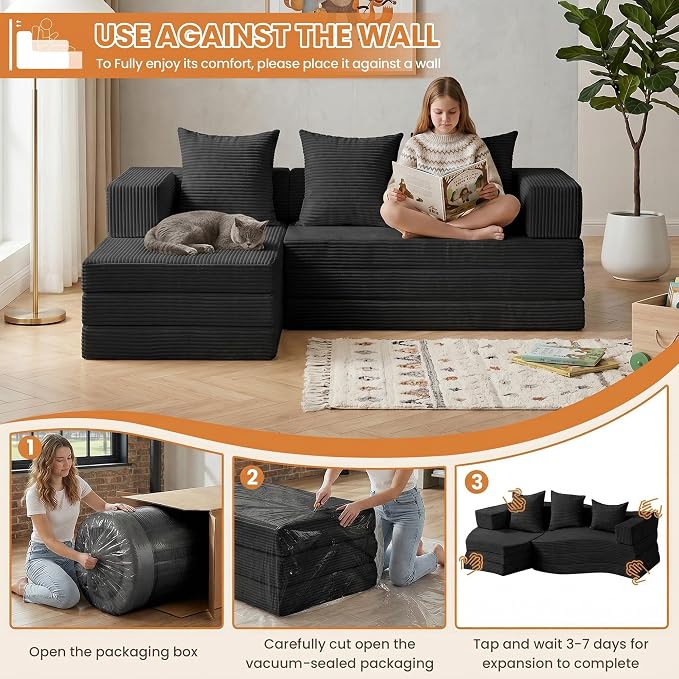 65" Boneless Couch,Convertible Sleeper Sofa Bed, Mini Modular Sectional Sofa, Modern Tri-Folding Cloud Couch with L-Shape Chaise, Corduroy Futon Couches for Small Spaces Apartment,No Assembly,Black
