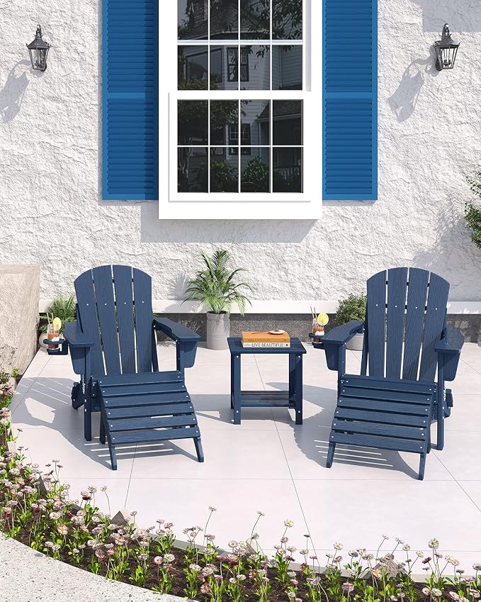 Folding Adirondack Chair Set of 2 with Ottoman, All-Weather HDPE Outdoor Chair, Wooden Textured with Cup Holder for patios, Decks, Gardens, fire pits, Navy Blue