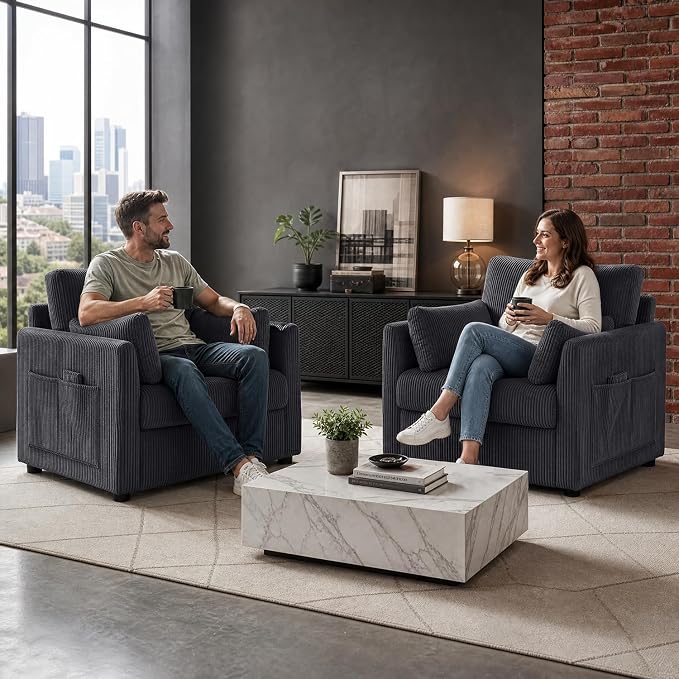 38" Modern Accent Chair, Corduroy Chair with Soft Pillows and Side Pockets, Comfy Single Reading Chairs for Living Room, Bedroom Grey