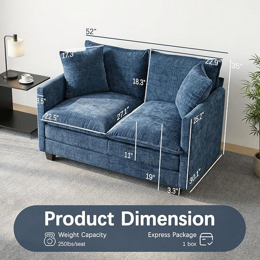 Loveseat Sofa, 52''Modern Cloud Sofa Couch with 27" Deep Seat & 2 Pillows, Comfy Chenille Small Couch for Small Spaces, Apartment, Studio, Bedroom, Living Room (Blue, Loveseat)