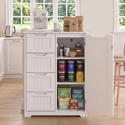 Gizoon Small Pantry with Door and Shelves, 33'' Small Coffee Bar Cabinet with 4 Drawers Kitchen Pantry Storage Cabinet for Kitchen and Living Room, White, Painted