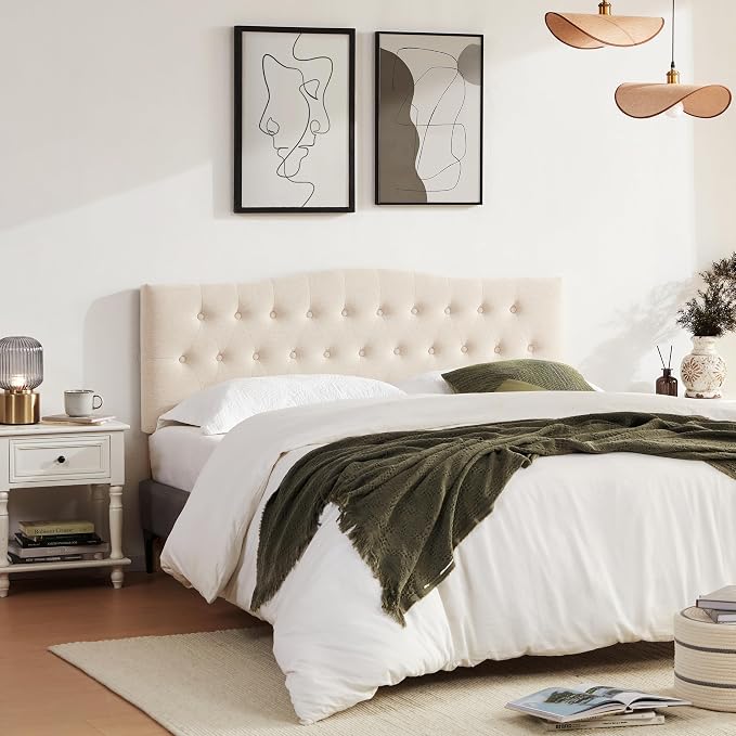 Tufted Headboard King Size, Solid Wood Adjustable Height Head Board, Beige | Upholstered King Headboard Only with Durable Solid Wood Legs, Adjustable Height 37-51 in, Fabric Button Diamond HeadBoards