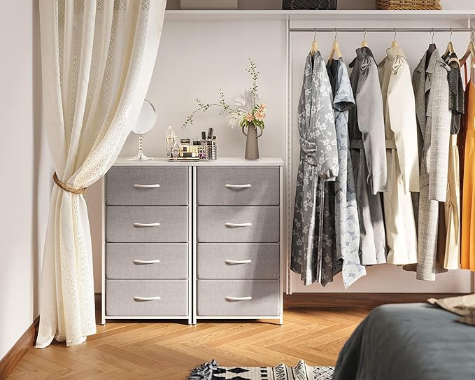 AODK Dresser for Bedroom with 4 Storage Drawers, Small Dressers Chest of Drawers Fabric Dresser with Sturdy Steel Frame, Dressers for Closet with Wood Top, Light Grey