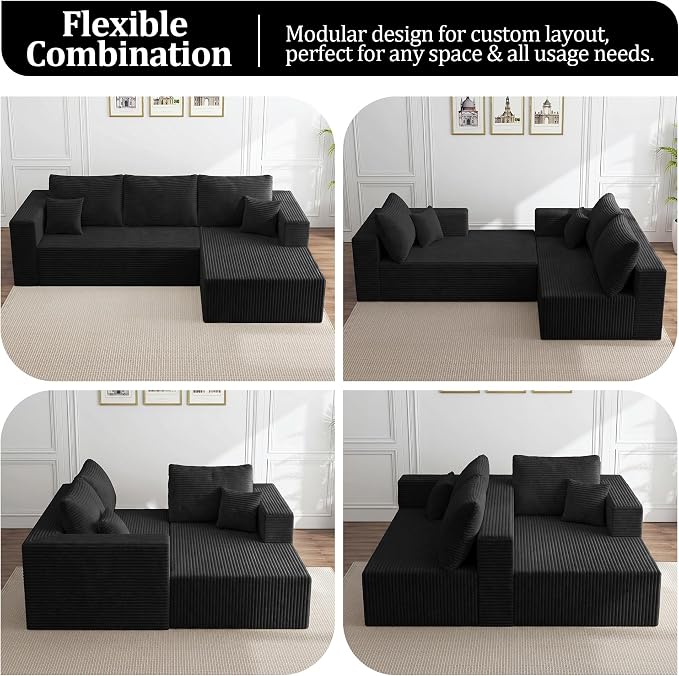 92.5" Modular Sectional Sofa, L-Shaped Cloud Couch with Deep Seats & Chaise, Convertible 4-in-1 Corduroy Boneless Couches for Living Room, Bedroom, No Need Assembly - Black(Right Facing Chaise)