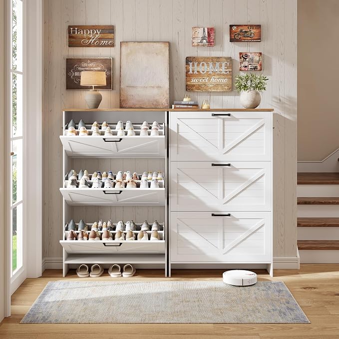 Nicetree Shaker Barn Door Shoe Cabinet - 3 Flip Drawers & 3 Adjustable Shelves, 9.1" Ultra Slim Freestanding, Contemporary Rustic Brushed White Farmhouse Shoe Rack for Entryway, Hallway, Foyer