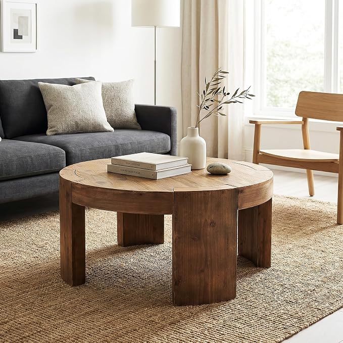 Solid Wood Round Coffee Table, 31.5-Inch Farmhouse Circle Center Cocktail Tea Table for Living Room, Wood Home Living Room Furniture, Easy Assembly, Rustic Brown