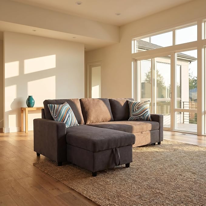 Pull Out Couch, L Shaped Sectional Couch with Pull Out Bed, Convertible Sofa Bed with Storage Chaise, Queen Size Sleeper Sofa, Sofa Bed Couch, Sleeper Sofa with Storage, Dark Brown