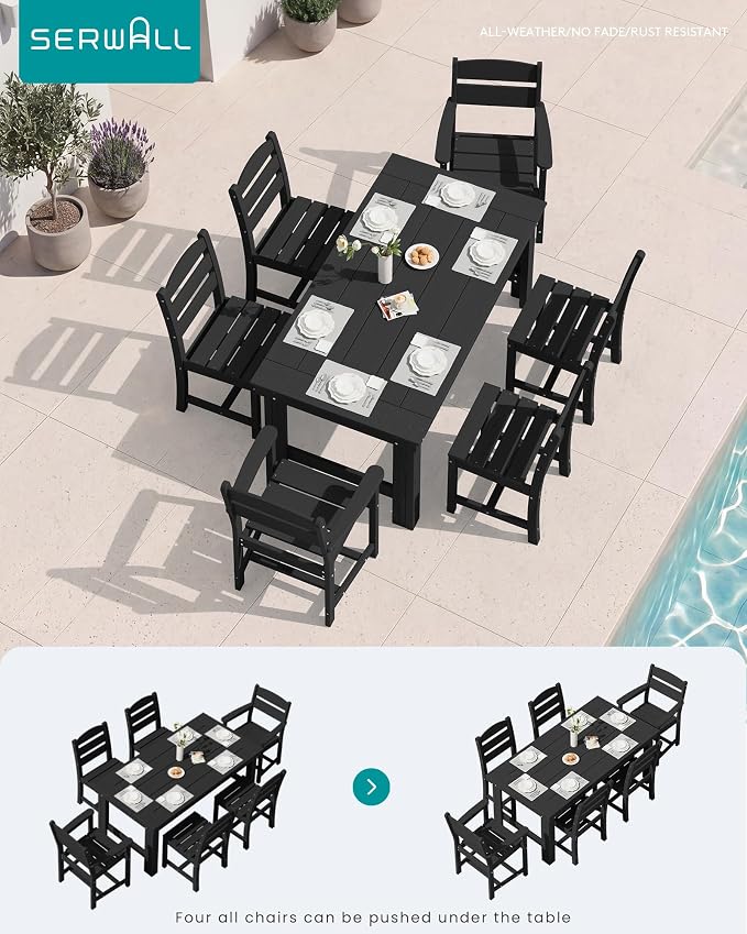 SERWALL HDPE Outdoor Dining Table and Chairs Set for 4 | with Armless Chair Seat