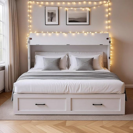 Kikihouse Murphy Bed with Storage & Charging Station, Queen Size Murphy Cabinet Bed Hideaway Bed with Motion Sensor Lights for Bedroom/Guest Room/Office, Foldable Platform Bed Frame, White