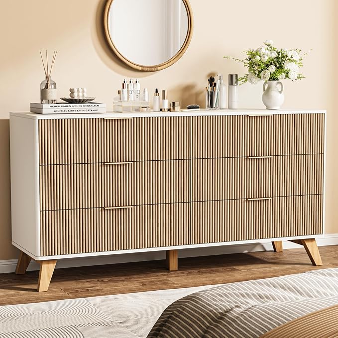 6 Drawer Dresser, 53.43 Inch Fluted Wood Double Dresser with Metal Handles Curved Design Wide Storage Organizer Cabinet Mid Century Modern Chest Dressers for Bedroom Living Room Entryway