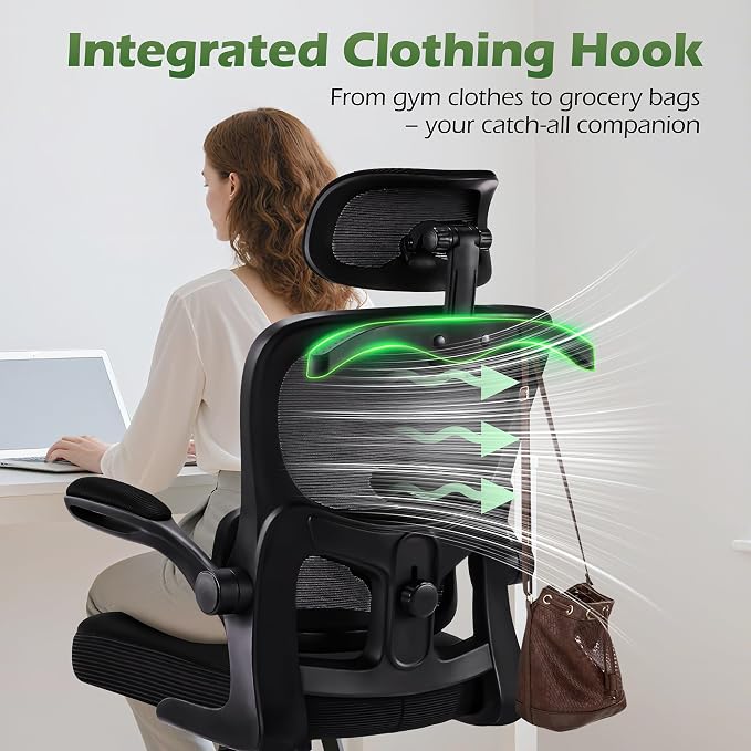 AreShark Office Chair Ergonomic Desk Chairs with Adjustable Lumbar Support& Headrest Hanger, High Back Breathable Mesh Chair with Wheels, Rolling Swivel Comfy Task Computer Chair for Home Work Gaming