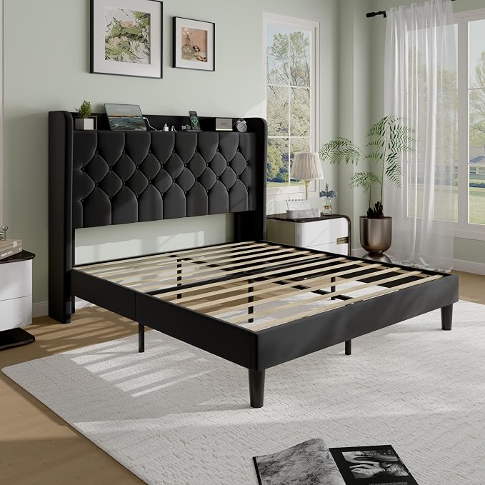 SHA CERLIN Full Size Platform Bed Frame with Charging Station, Velvet Wingback Headboard with Storage Shelf, Wooden Slats Support, Ample Under-Bed Space, No Box Spring Needed, Easy Assembly, Black
