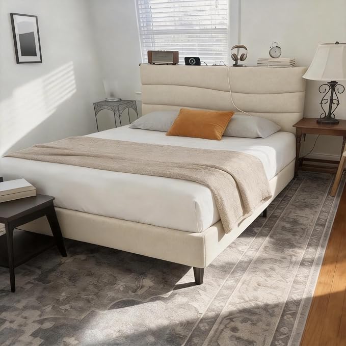 EnHomee Full Size Bed Frame with Adjustable Height Headboard,Upholstered Platform Bed with Charging Stations, Noise-Free,No Box Spring Needed, Easy Assembly,Beige