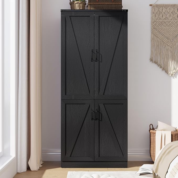 Hlivelood 75" Tall Farmhouse 2 Doors Armoire Wardrobe Closet with LED,Freestanding Closet Wardrobe Cabinet for Bedroom with Hanging Rod,Wooden Armoire Storage Cabinet with Adjustable Shelves(Black)