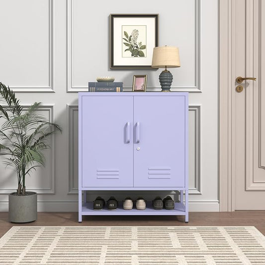 Wide 3-Tier Metal Shoe Storage Cabinet, Multifunctional Household Shoe Organizer with Adjustable Shelves for Home & Entryway Purple 33" H X 29.5" W X 13.8" D