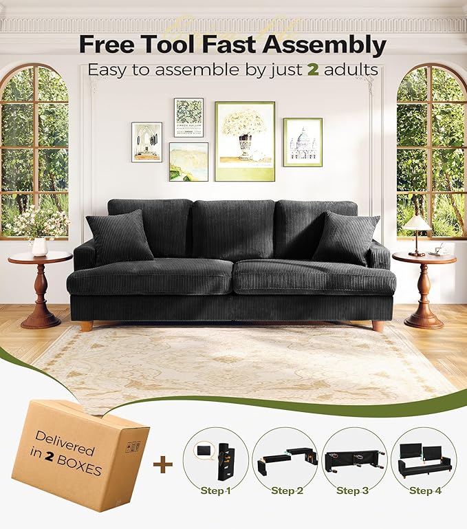 Kidirect 87in U Shaped Couch, Modular Sofa No Tool Assembly, Comfy Sectional Couches for Living Room 21in Deeper Seats, Corduroy Sofas for Living Room with 2 Pillows, Loveseat Sofa Set, Black Couch