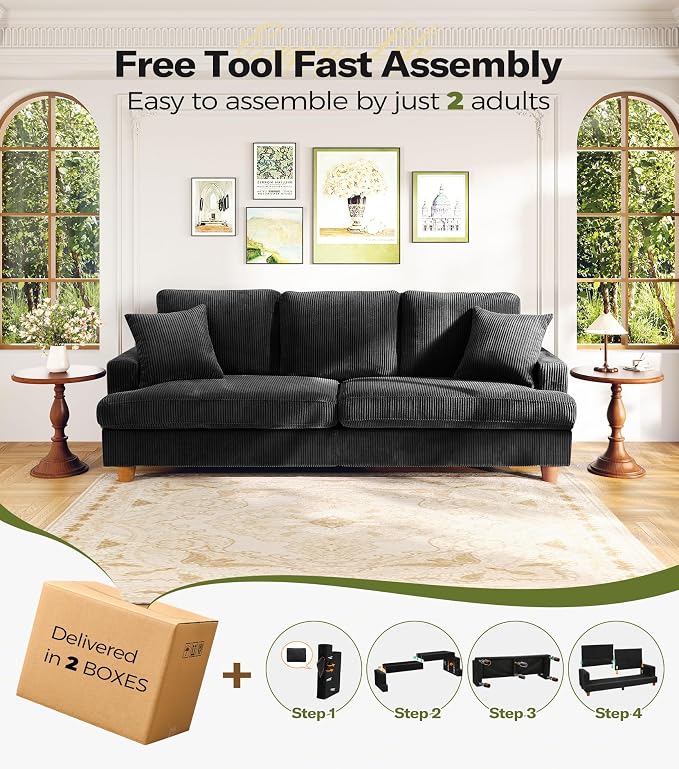 87" L shape Corduroy Couch, Sofa No Tool Assembly, Comfy Couches for Living Room 21in Deeper Seats, Corduroy Sofas for Living Room with 2 Pillows, Oversized Loveseat Sofa, Boho Love Seat, Black