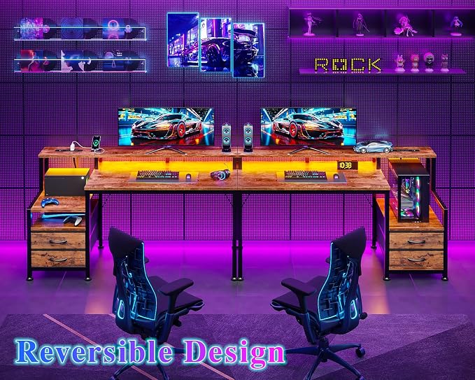 Furologee 47" Gaming Desk with LED Lights & USB-C Port, Reversible Computer Desk with Monitor Stand, Storage Shelves & 2 Fabric Drawers, Home Office Desk with Power Outlets & Hooks, Rustic Brown