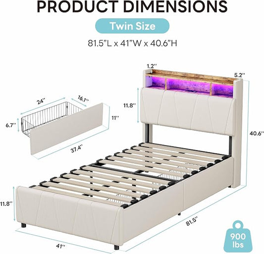 LIKIMIO Twin Bed Frame with 2 Storage Drawers, Charging Station & LED Lights, Upholstered Platform Twin Bed with Storage Headboard, Strong Wooden Slats, No Box Spring Needed, Easy Assembly, Beige