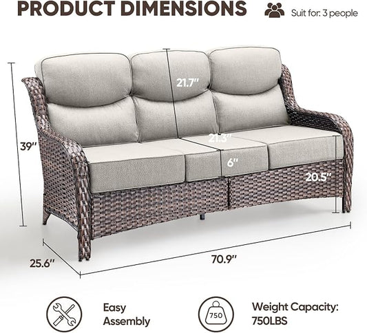 Luxury Patio Sofa 3-Seat Wicker Couch with 6" Thick Cushion - Outdoor Furniture Rattan Sofa with Deep Seating High Back Outdoor Sofa for Patio Garden Balcony Sunroom Backyard, Brown | Beige
