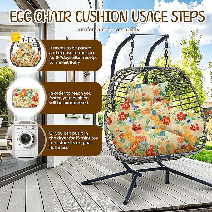 Waterproof Egg Chair Cushion Replacement 47x31.5x4.7 inch Thicken Hanging Egg Swing Chair Cushion Indoor Outdoor Wicker Rattan Hammock Basket Cushion with Headrest Pillow, Daisy