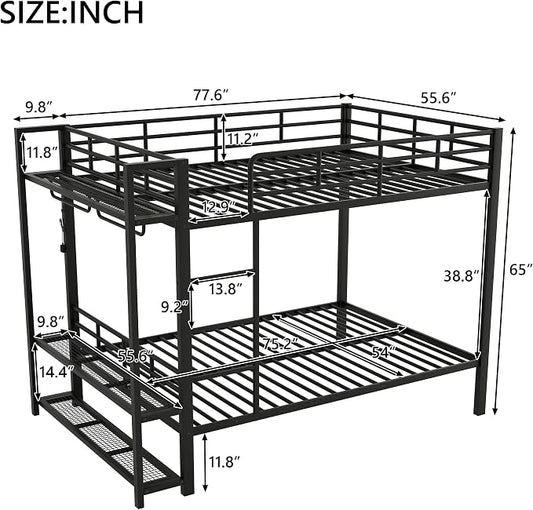 Bellemave Full Over Full Bunk Bed,Metal Bunk Bed with Shelf and Guardrails,Full Bunk beds with Storage Mesh Shelves and Clothes Hooks for Kids, Teens & Adults(Black)