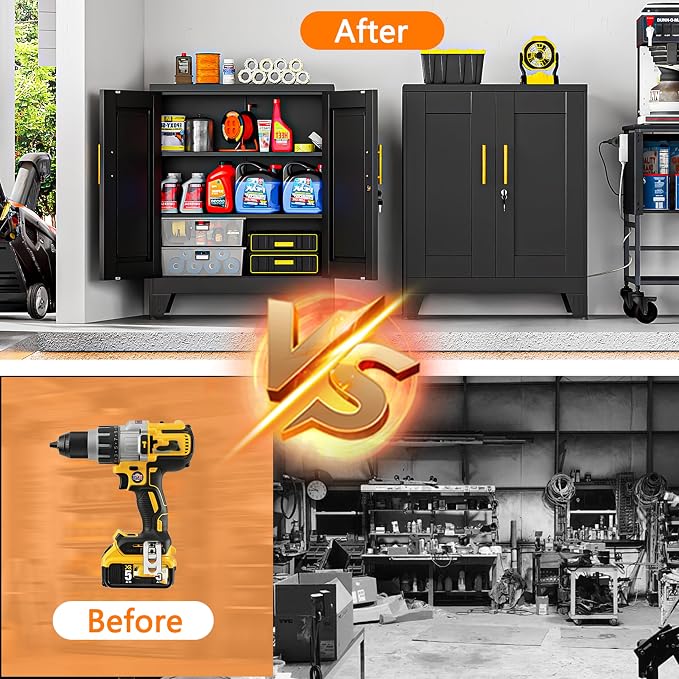 Metal Tool Storage Cabinet with Doors and Adjustable Shelves, Small Locking Garage Storage Cabinet, Black Steel Tool Cabinets with Leveling Feet for Garage, Basement, Office, Utility Room
