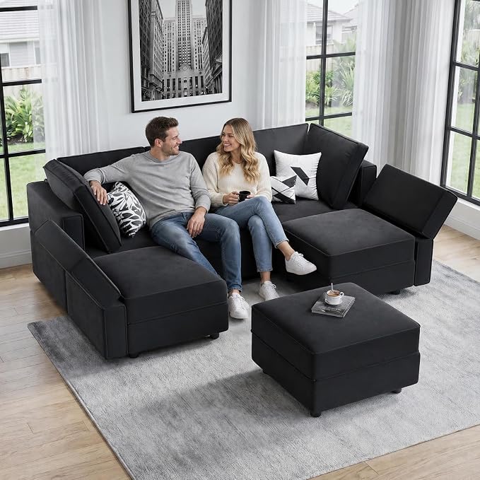 Vesgantti Modular Sectional Sofa with Storage, 92" Sofa Bed with 6 Seats Storage Chaises Removable Cover, Deep Seat Modular Couches Velvet Couch Set for Living Room, Apartment, Home Theater, Black