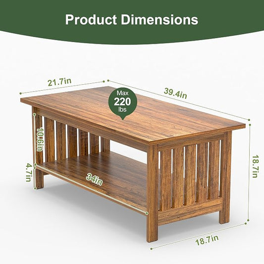 YOSHOOT 39.4" Farmhouse Coffee Table, Small Coffee Tables for Living Room | Rerto Wood, 2 Tier Coffee Table with Storage, Tea Table for Living Room Bedroom Small Space