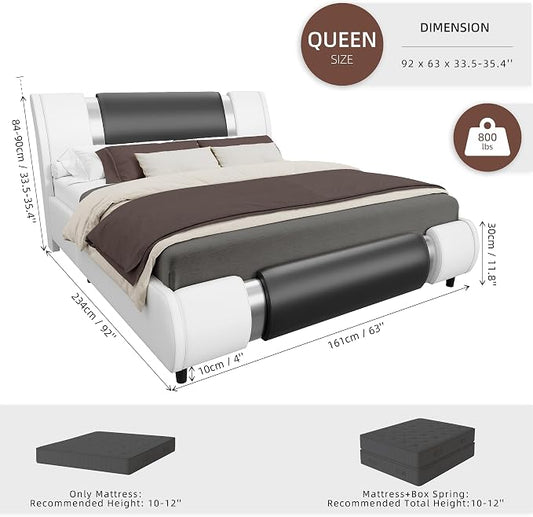 Keyluv Modern Queen Size Bed Frame with Mirror Metal Decoration, Faux Leather Upholstered Platform Bed with Curved Headboard, Wooden Slats Support, No Box Spring Needed, WhiteBlack