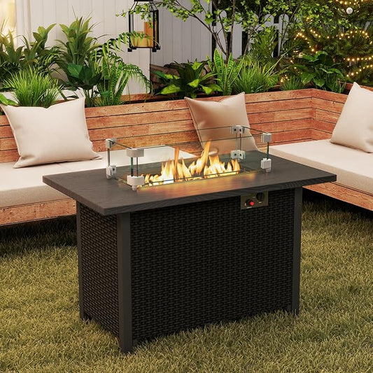 Tangkula Outdoor Propane Fire Pit Table, 42 Inch Rectangular Rattan Fire Table with Wind Guard & Glass Rocks, 50,000 BTU Smokeless Gas Fire Pit for Outside Patio (Black)