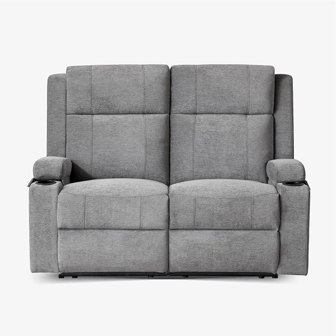 55" RV Loveseat Recliner – Space-Saving Double Reclining RV Sofa, Compact Theater Seating with Cup Holders & Storage Pocket, Grey Chenille Couch for Camper, Motorhome & Home Theater