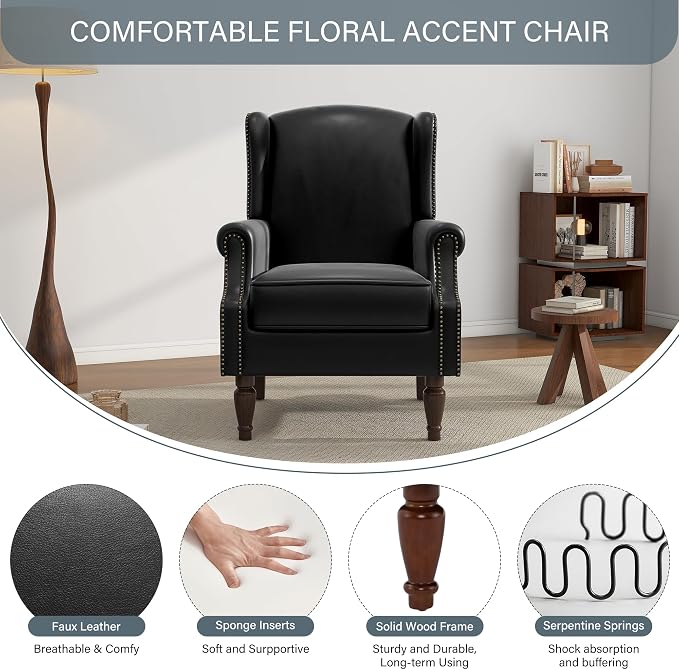 Faux Leather High Back Accent Chairs Set of 2, Upholstered Armchair for Living Room, Retro Wingback Arm Chair Nailhead Trim Single Sofa Bedroom Reading Seat with Solid Wood Legs - Black
