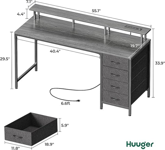 Huuger 55 Inch Computer Desk with Power Outlets and LED Lights, Gaming Desk with 4 Drawers, Office Desk with Monitor Stand, Study Work, Home Office, Gray
