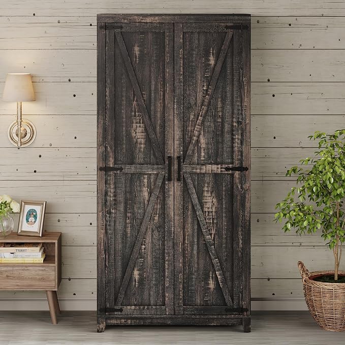 LUXOAK 70" Large Armoire Wardrobe Closet with Hanging Rod, Farmhouse Clothing Storage Cabinet with 2 Barn Doors, Wooden Tall Bedroom Armoires with Shelf, Dark Oak Wood