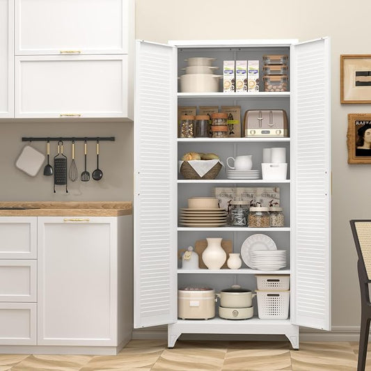 SteeLoong Kitchen Pantry Cabinet,75" Metal Storage Cabinet with Doors and 5 Adjustable Shelves,White Tall Locker Organizer Steel Garage Cabinets for Tool,File Cabinet for Office,Kitchen,Garage,School