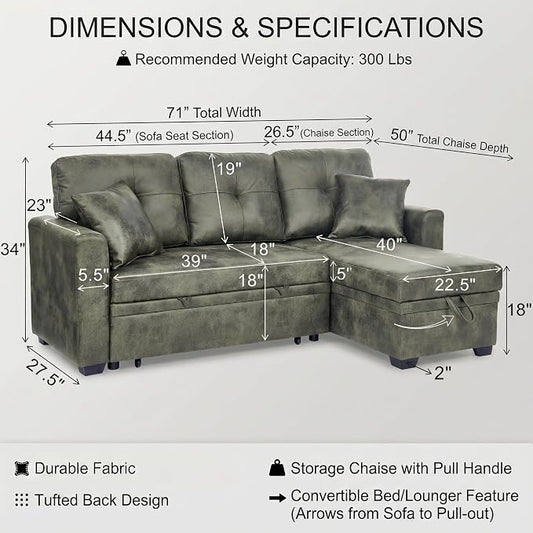 TYBOATLE Convertible Sofa Bed Couch with Reversible Storage Chaise, 71" L Shaped Pull Out Couch Bed, Comfy Linen Fabric Sleeper Sofa for Living Room, Apartment & Guest Room (Green)