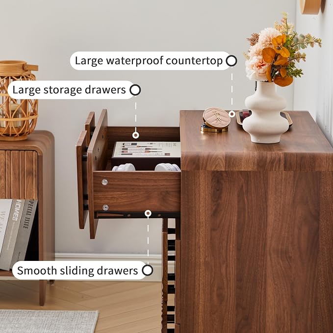 Janmer Home 3 Drawer Nightstand Set of 2, Walnut Wooden Dresser with Curved Profile, Mid-Century Modern Bedside Cabinet for Bedroom Living Room Entryway, 31.5" W x 15.75" D x 29.1" H