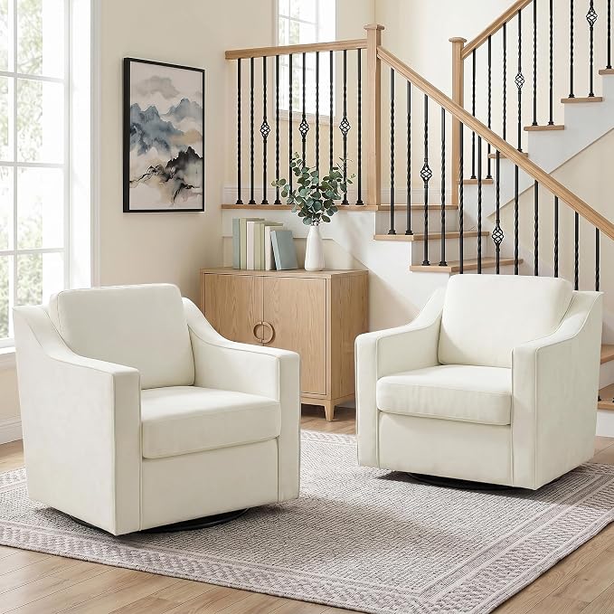 Swivel Accent Chair, Modern Round Barrel Arm Chair for Living Room, Bedroom, Comfy Club Reading Chairs for Adults (Chenille Beige, Set of 2)