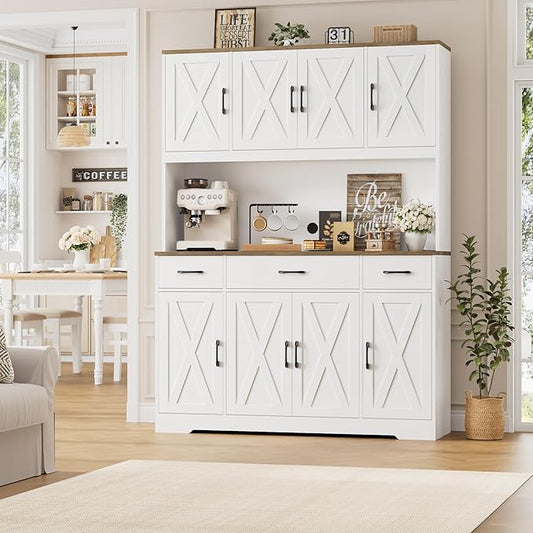 HOSTACK 71" Large Pantry Cabinet with Charging Station, 55" Wide Kitchen Pantry Storage with Drawers and Power Outlet, Tall Kitchen Hutch with Countertop for Kitchen, White