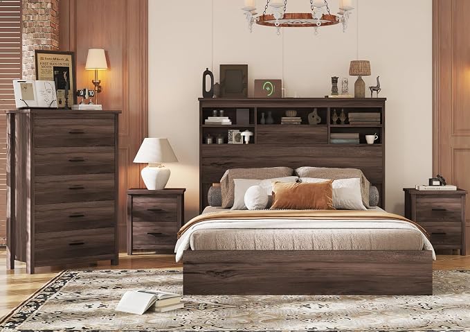 Merax 4-Pcs Queen Size Bed Frame & Dresser & 2 Night Stand Bedroom Set, Platform Bed with USB Charging Ports Storage Headboard, Cabinet Dresser with 5 Drawers, Nightstands, Wooden, Dark Walnut