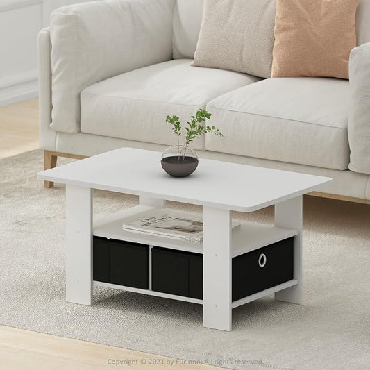 Furinno Andrey Coffee Table, Small Modern Center Table with Storage and Bin Drawer, Side Table for Living Room, Bedroom, Home Office, White